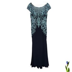 Cameron Blake Gown Dress Blue Navy / Turquoise Embroidered for Wedding Guest 8